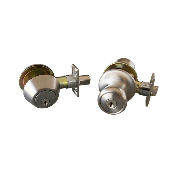 Design House Nickel Entry Door Knob and Sgl Cylndr Deadbolt W/ Unvrsl6-Way Latch 728683